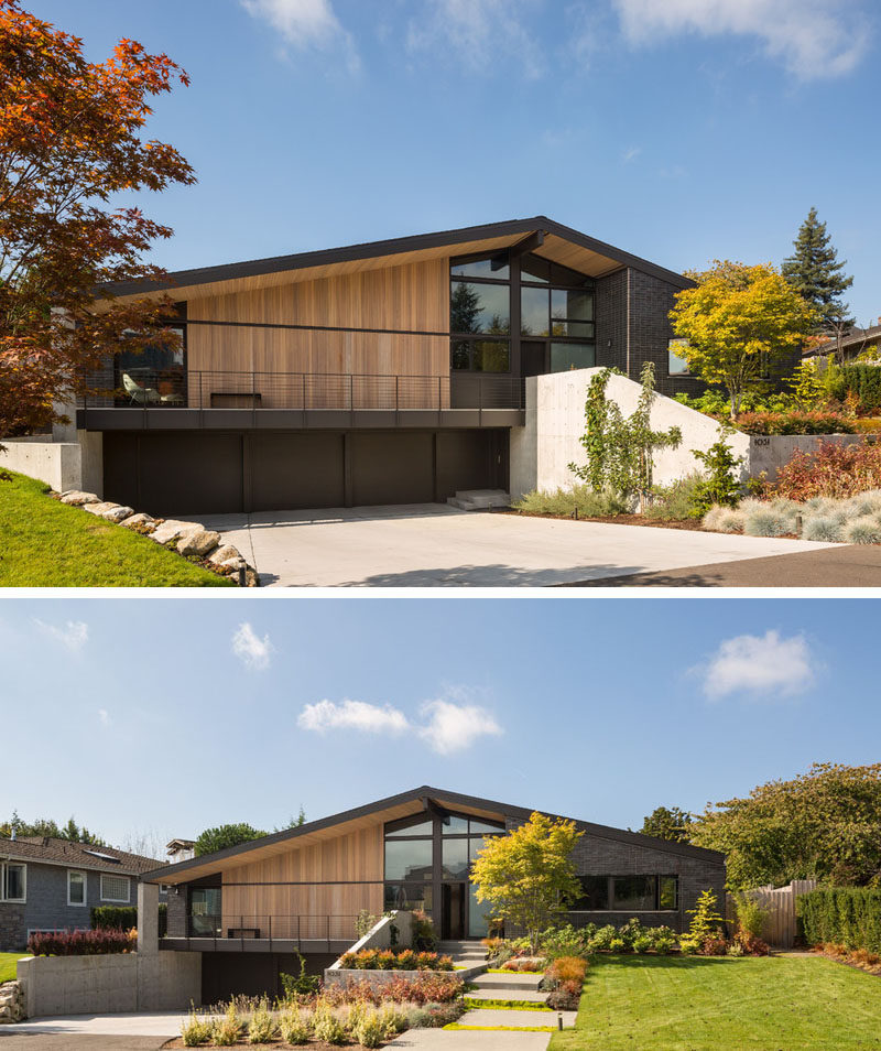 At the front of this home, the landscaping was carefully designed to work with the design of the house that includes charcoal grey brick and aluminum windows, as well as cedar siding and ceilings.