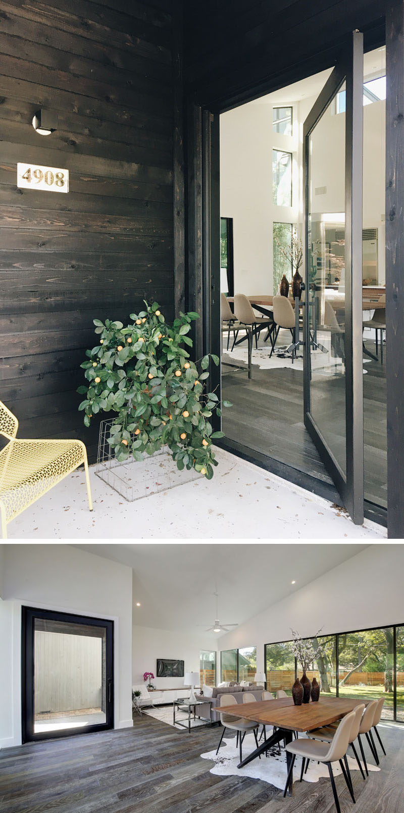 The covered entryway on this modern house leads to the front door, and instead of a more traditional solid wood door, the house has a large pivoting glass door, allowing guests to see into the home or the occupants to see out. 