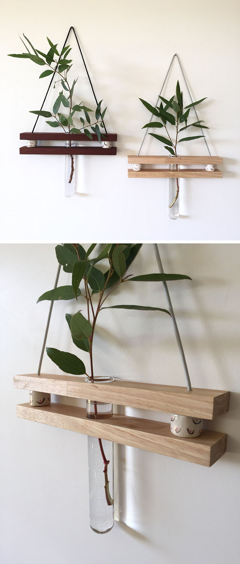 These modern hanging wall shelves made from reclaimed wood have a ledge to display a little trinket and a bud vase for a flower.