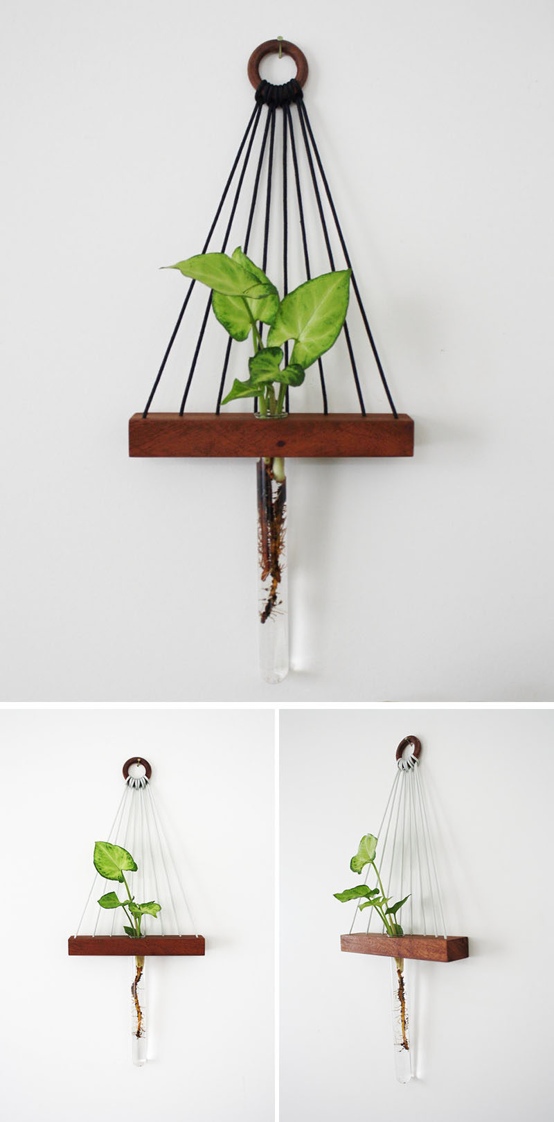 These modern hanging wall shelves made from reclaimed wood have a ledge to display a little trinket and a bud vase for a flower.