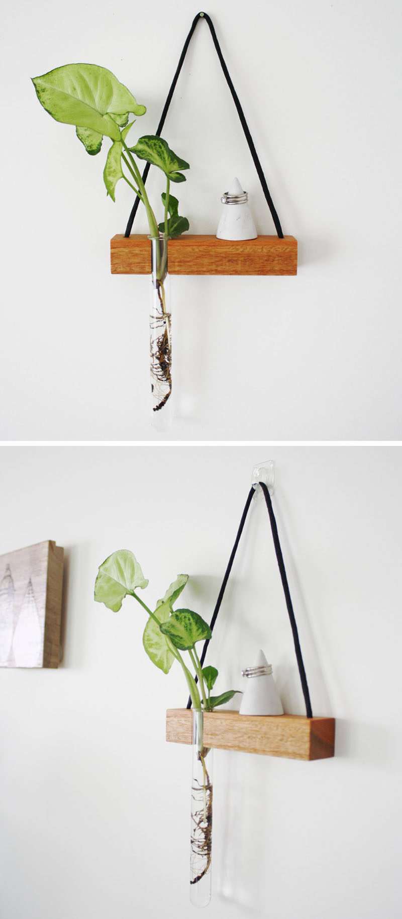 These modern hanging wall shelves made from reclaimed wood have a ledge to display a little trinket and a bud vase for a flower.