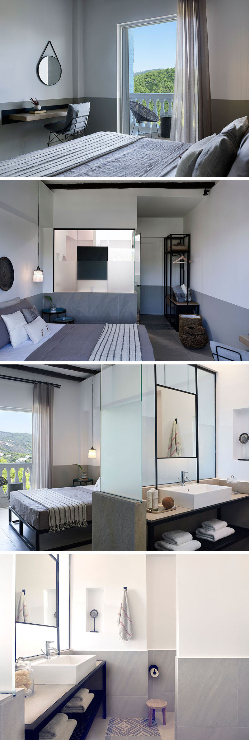 This modern hotel room has white walls with a lower grey stripe, decorative floor tiles, wall decor and glass room dividers separating the bathroom from the bedroom to create a Mediterranean style interior.
