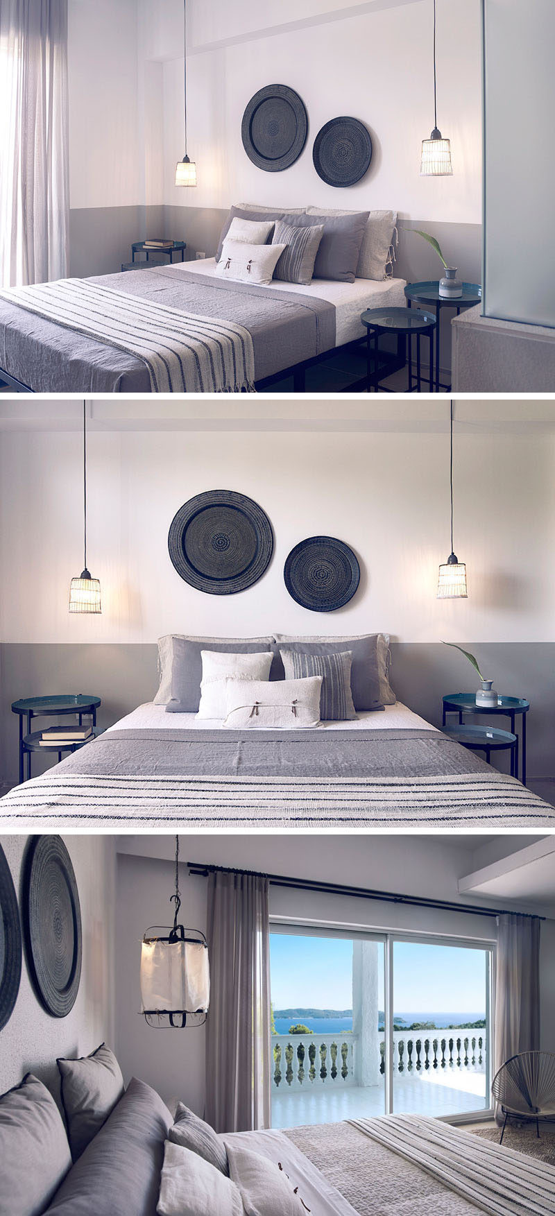 This modern hotel room from a hotel in Greece, has white walls with a lower grey stripe, decorative floor tiles, wall decor and glass room dividers separating the bathroom from the bedroom to create a Mediterranean style interior.