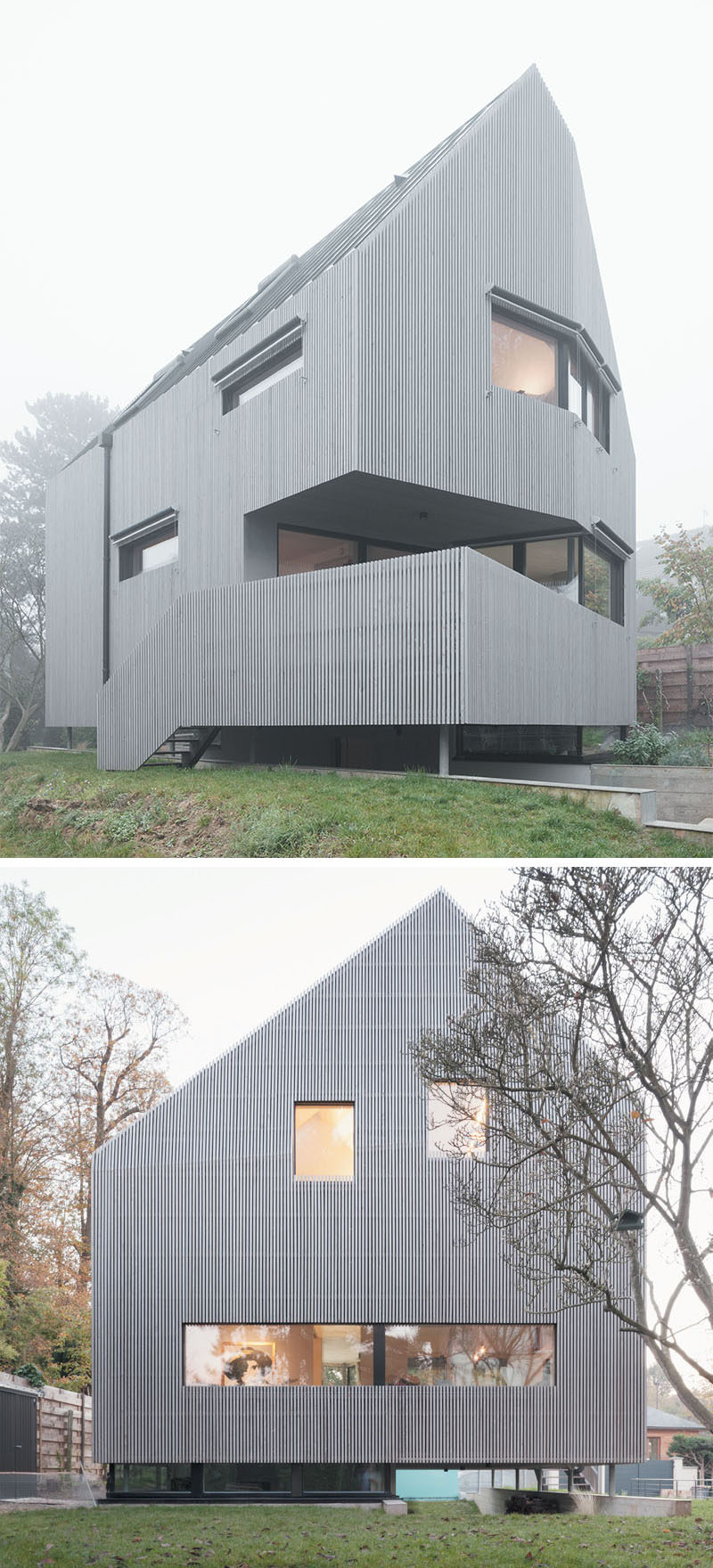 The garden and carport that run underneath this modern house in France, help to make the house appear to float above the land.