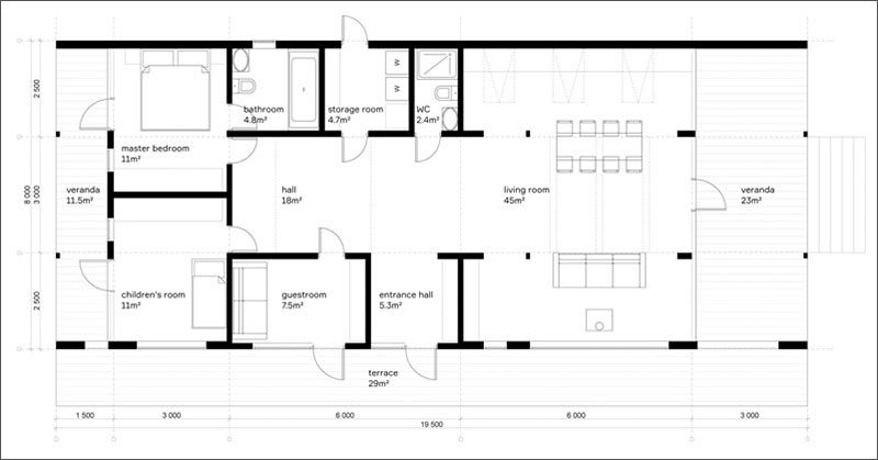 Here's a look at the floor plan of a modular rustic modern house, which took about 10 days to install with minimal disruption to the site and the environment.