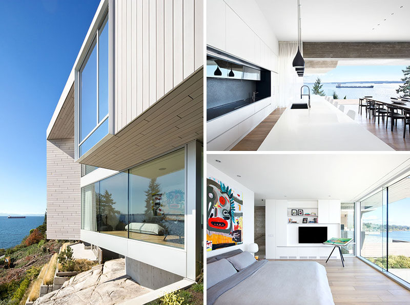 This concrete and wood split-level modern house opens up to have views of the ocean.