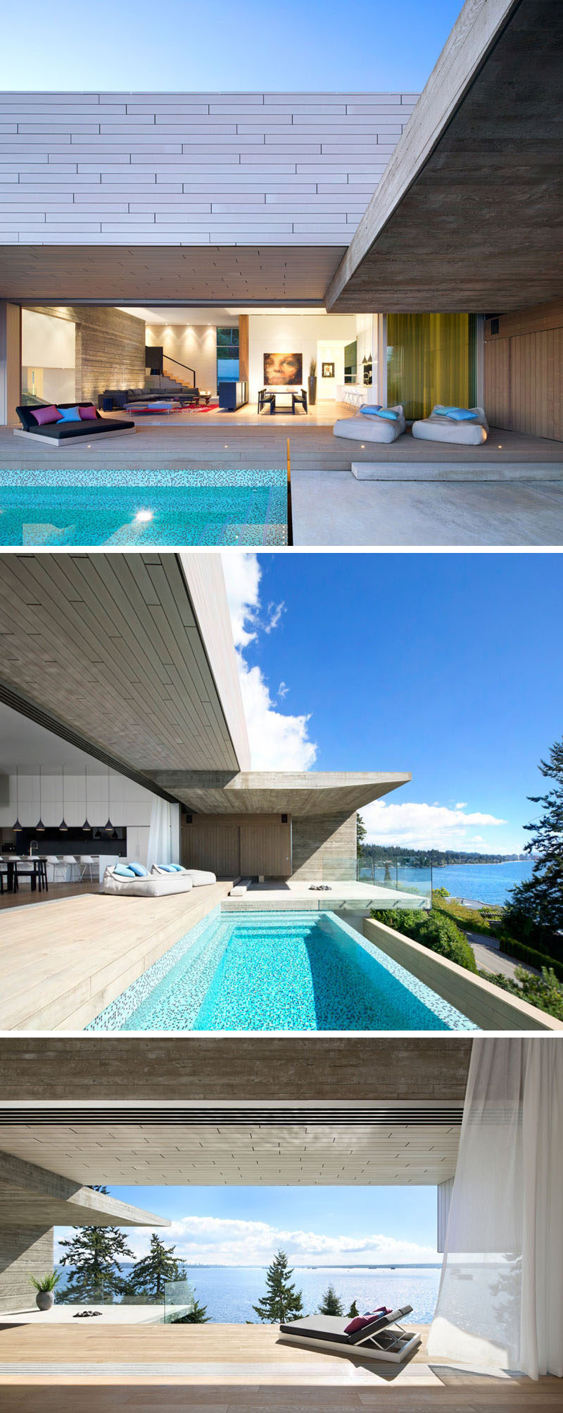 Both the living and the dining/kitchen areas of this modern house open up to a picturesque ocean view, and a wooden deck expands out into a concrete platform with a small built-in firepit.