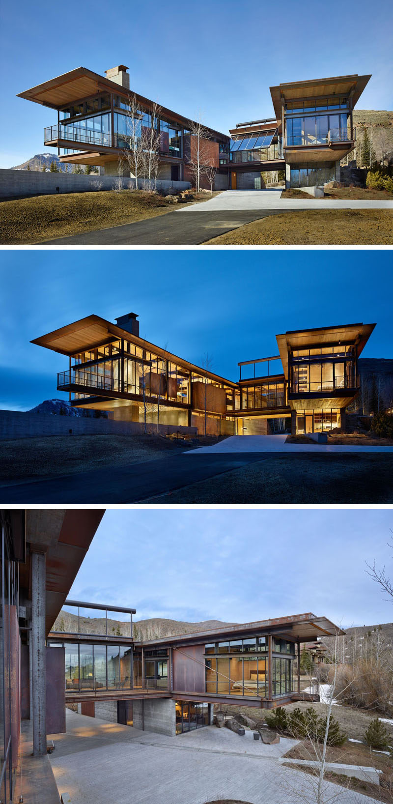 Elements of concrete and wood have been paired with steel and glass in this modern industrial home, like in the bright that connects the two sides of the home, and a glass wall that pivots open.