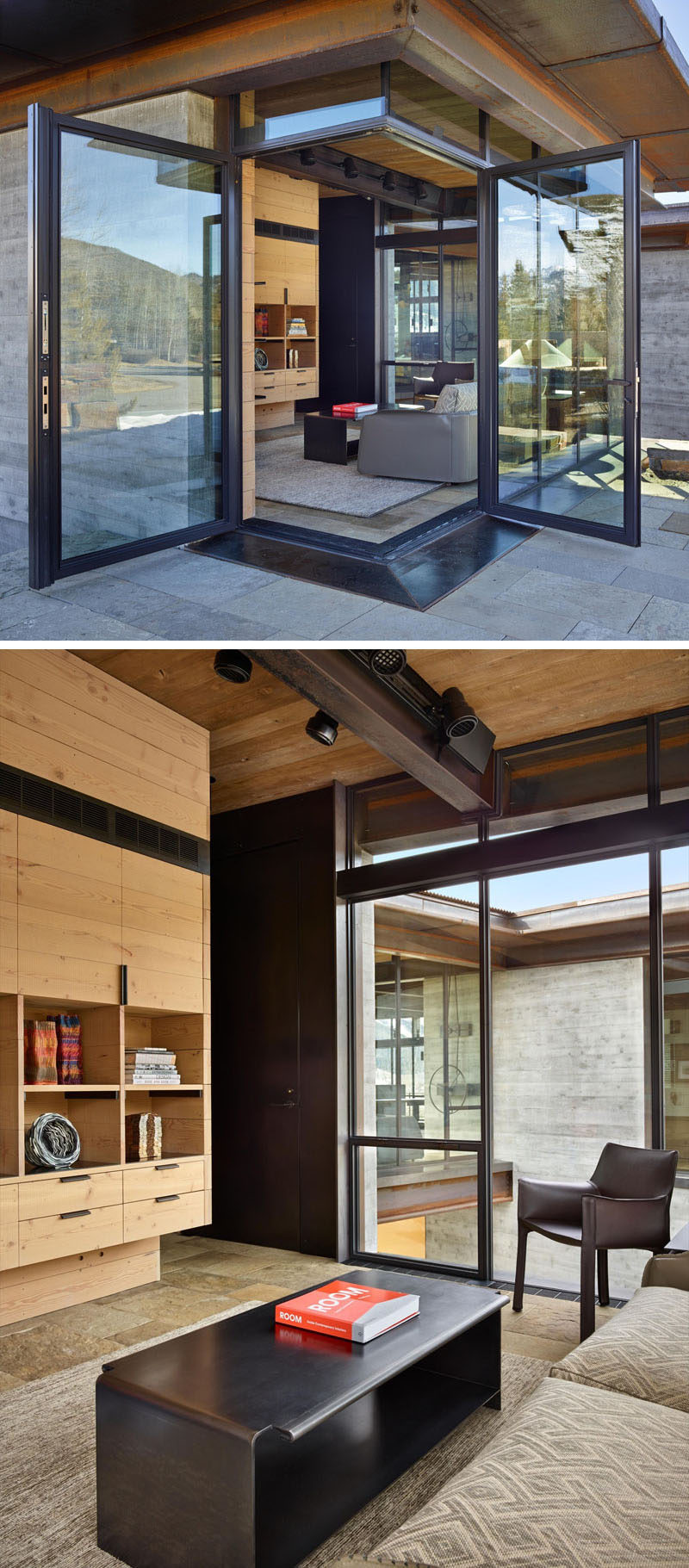 Corner doors open a small living room (or home office) to the outdoors. Black door and window frames match the steel coffee table and the beams in the home.