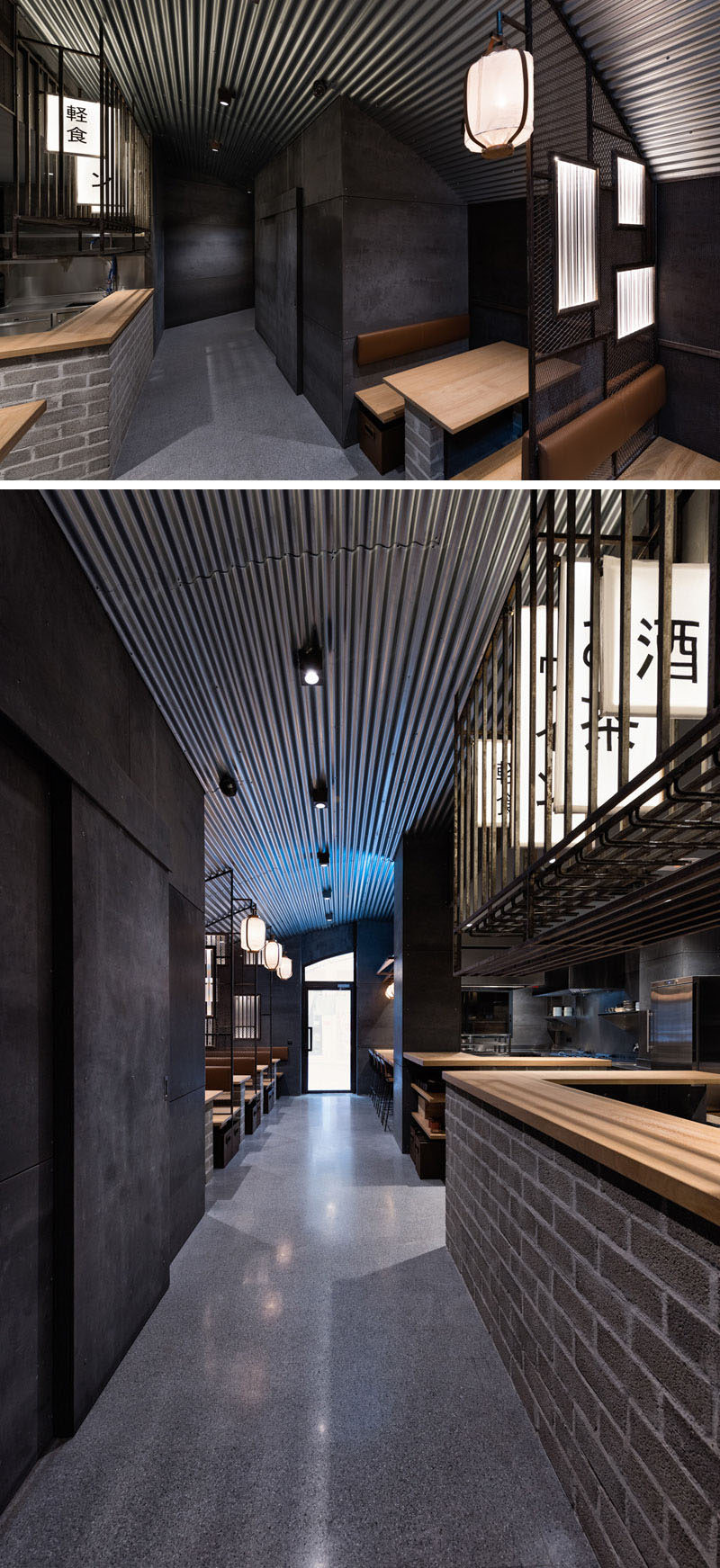 Industrial Interior Design - This Restaurant and bar goes for a warehouse chic style with metal, concrete, and wood. At the back of this modern restaurant is a small dimly lit tunnel covered with metal panels that leads to the main dining room.