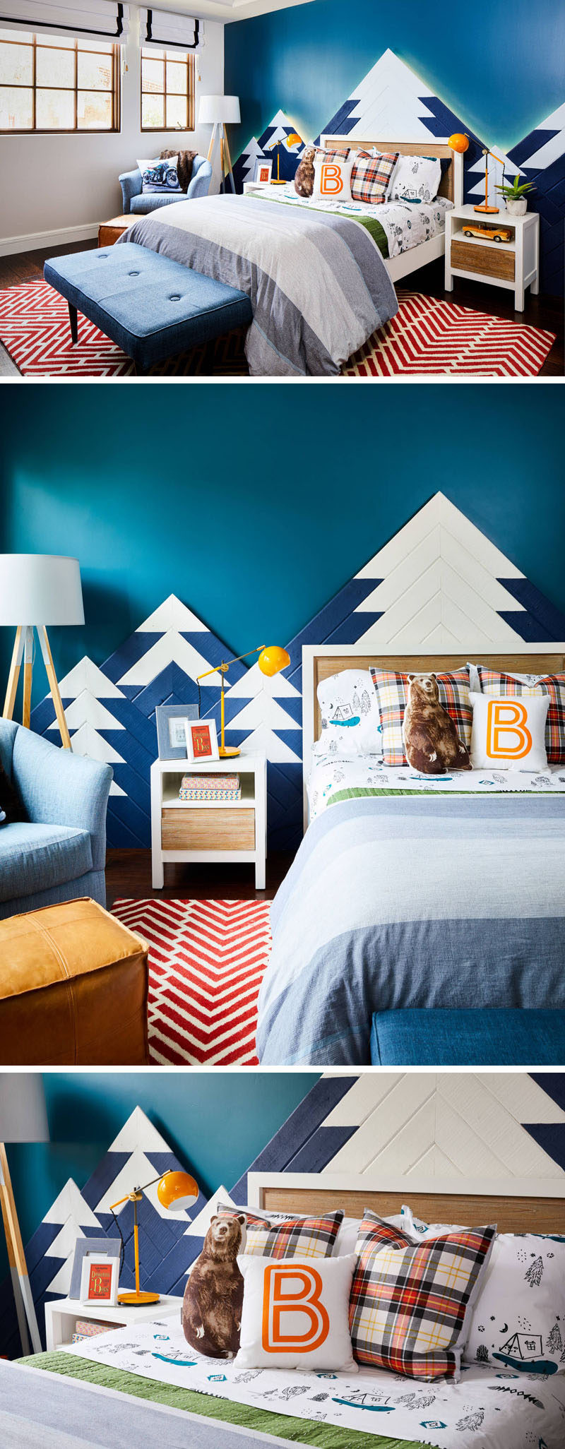 This kids bedroom design includes a mountain range as wall art, with hidden lighting that mimics the colors of the Northern Lights. 
