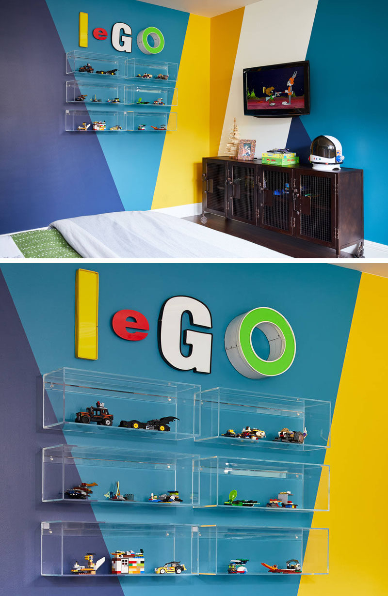 In this kids bedroom design, clear acrylic shelves were mounted to the wall as a way to display Lego creations.