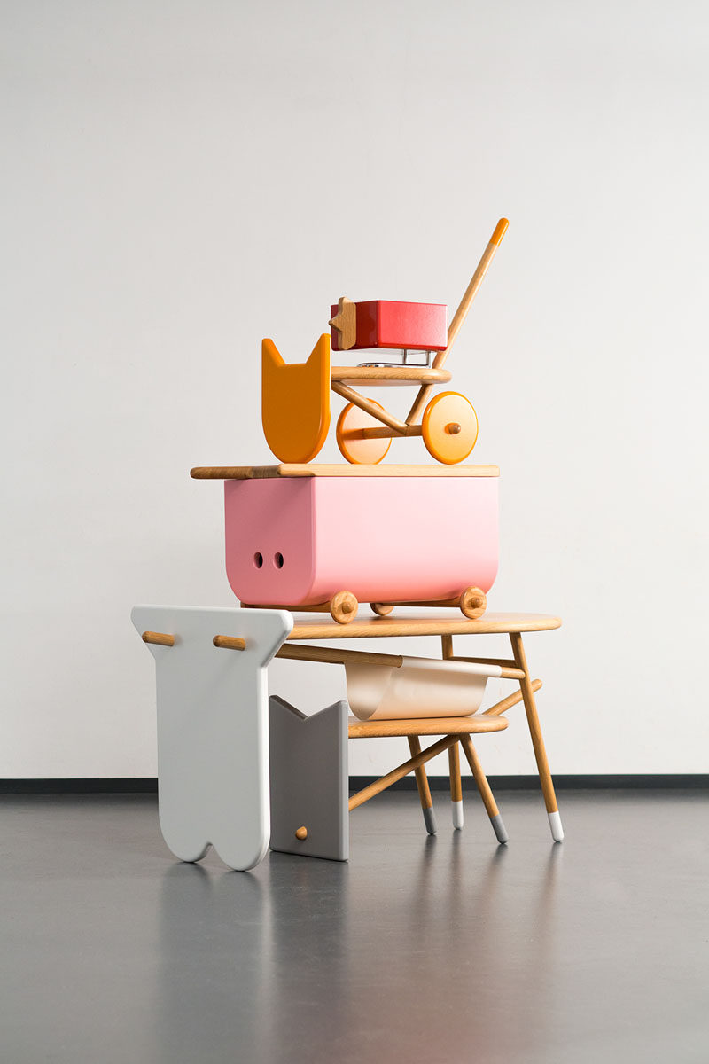 This collection of modern kids furniture in the shapes of farm animals can also be used as toys