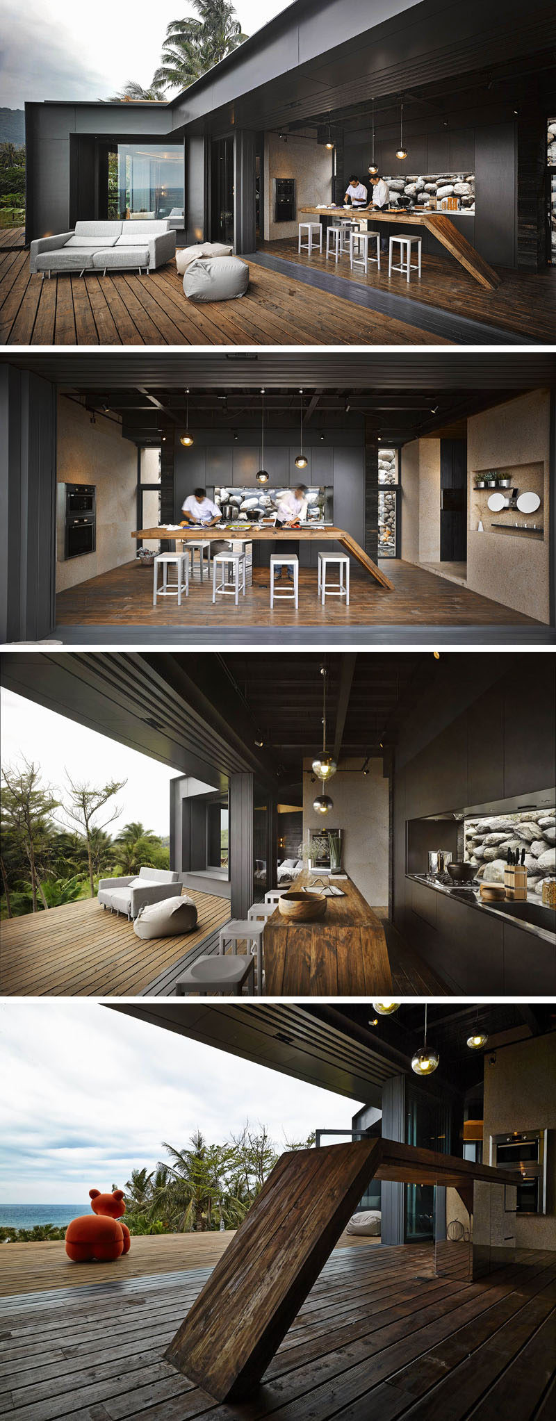 This black kitchen with a wooden countertop opens up to the deck for complete indoor / outdoor living. By using clear glass for the kitchen backsplash, it lets the rocks in the garden appear as a piece of art. When needed, the kitchen can be closed off to the elements with accordion glass doors.