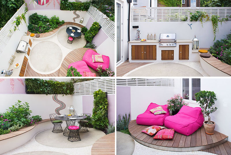 Germinate Garden Design have created a modern landscaped garden that features a kitchen and dining area, a lounge area, raised garden beds and a wall mosaic