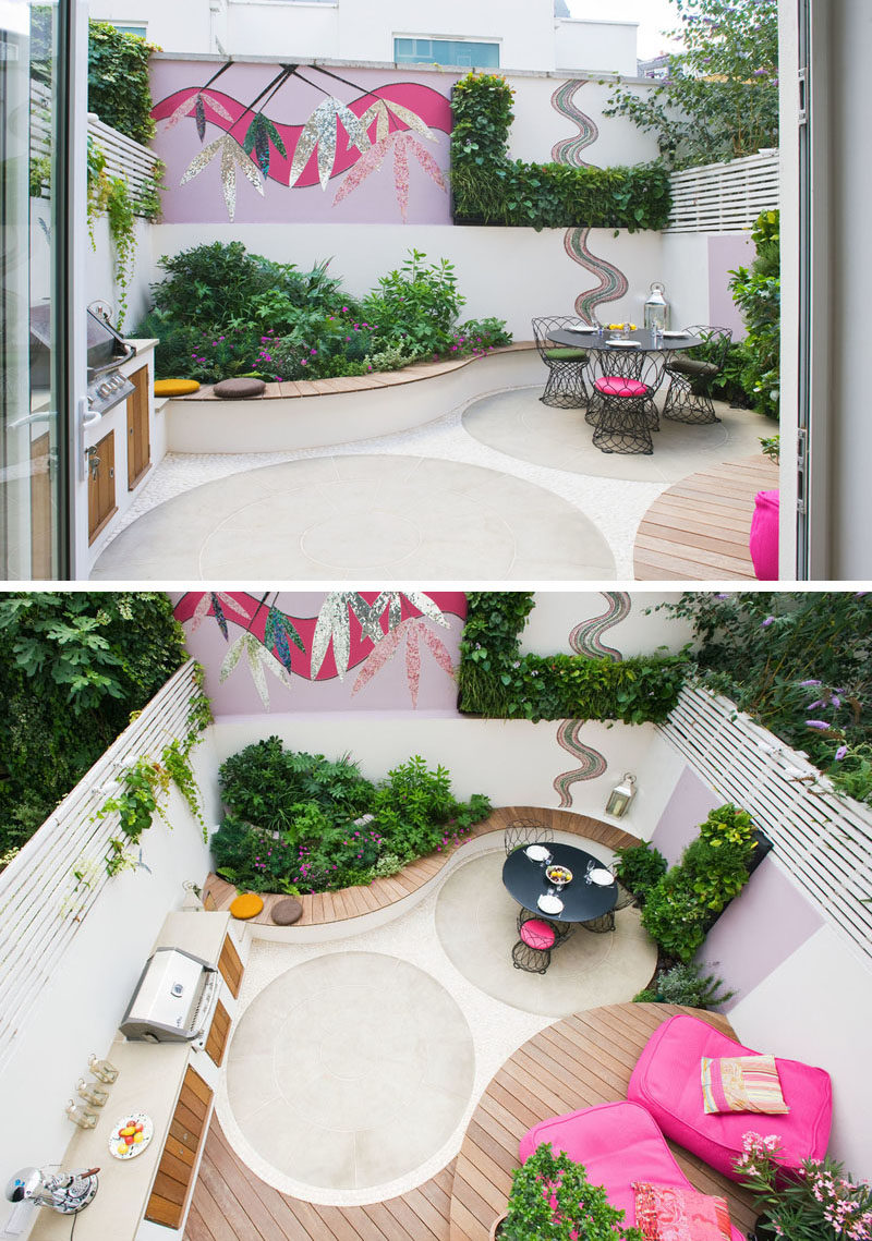 Backyard Landscaping Ideas - This small patio space is ready for a party with its built-in BBQ and plenty of seating