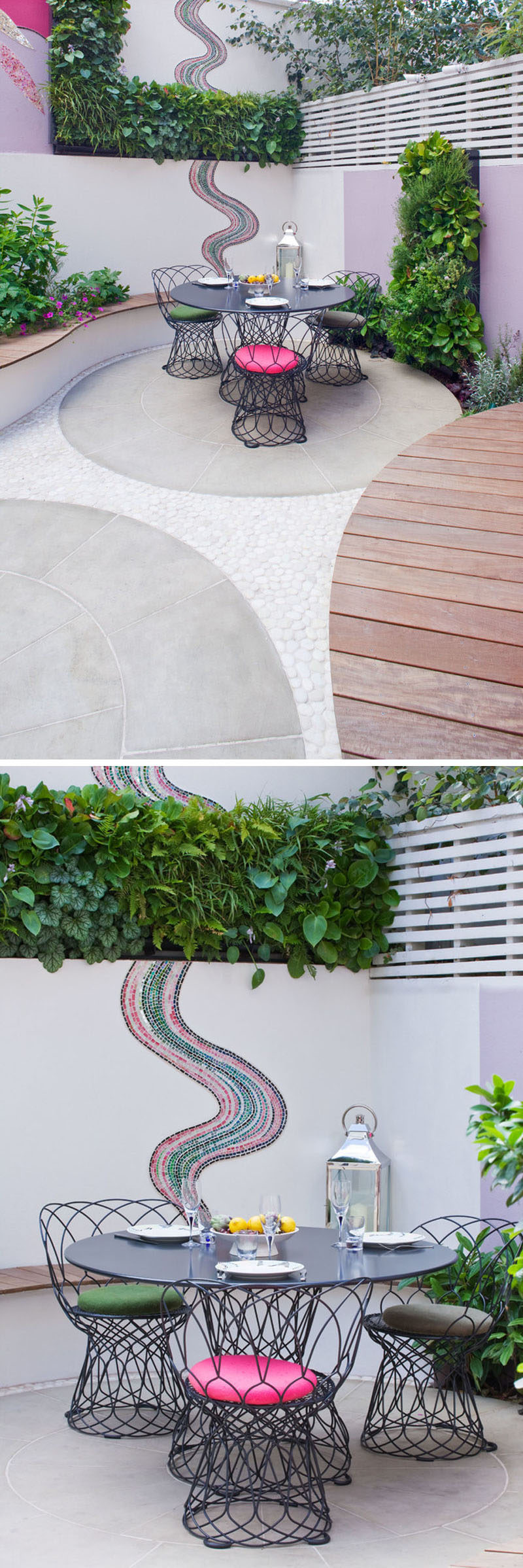 In the corner of this modern landscaped garden is a small dining area is defined by a circle pattern made from York stone, that was hand cut at the quarry to the designers specification.