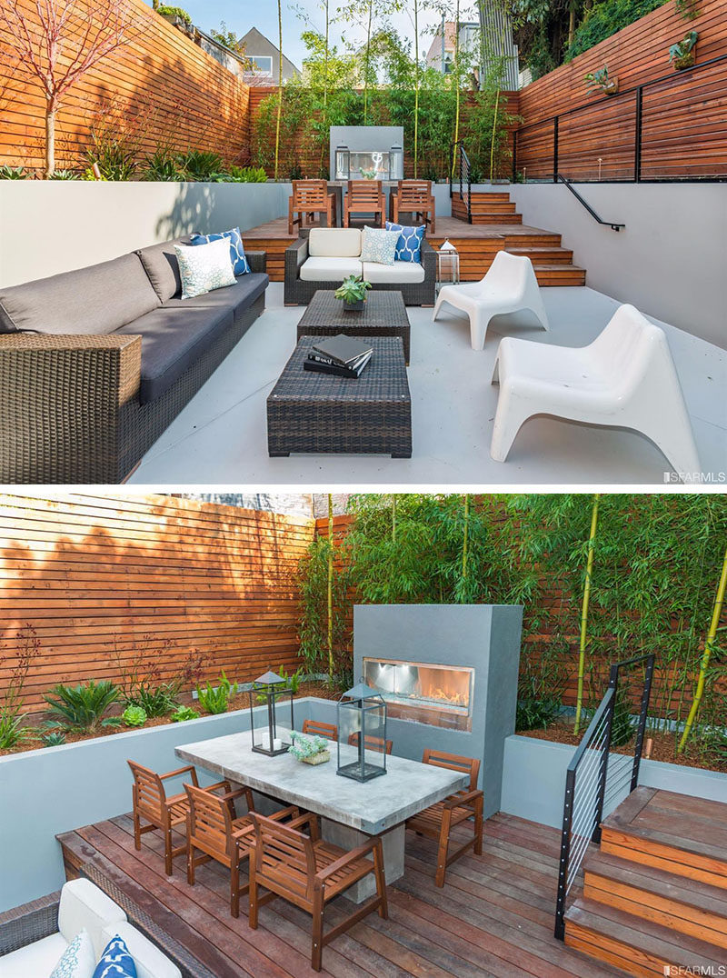 Backyard Design Ideas - When designing your backyard, no matter how large or small, it is important to have clearly defined areas, and one way you can create this, is by using height or different levels. This backyard uses different levels to create space for the outdoor dining room and outdoor living room.