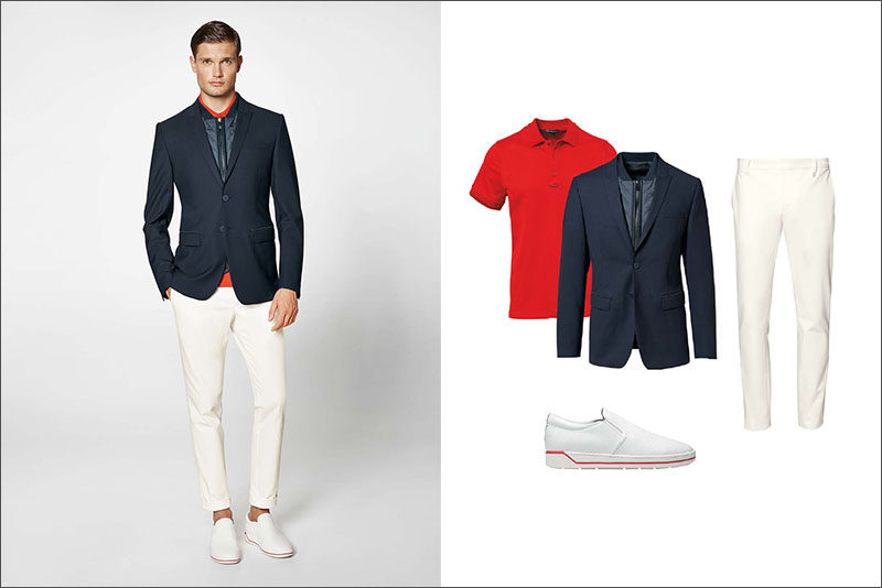 Men's Fashion Ideas - 17 Men's Outfits From Porsche Design's 2017 Spring/Summer Collection | A fiery red polo shirt, a navy blazer-vest combo, white cotton blend pants, and white shoes with a touch of red create a sophisticated yet casual looking men's outfit.