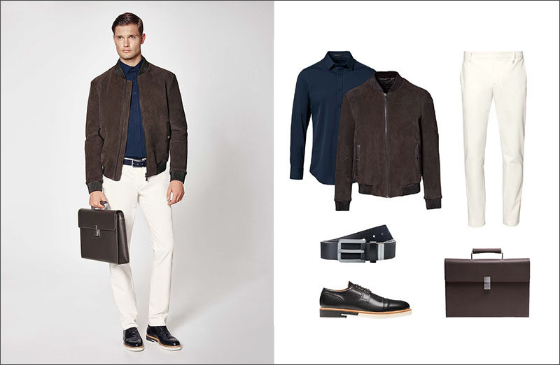 Men's Fashion Ideas - 17 Men's Outfits From Porsche Design's 2017 Spring/Summer Collection | This men's outfit features clean white pants, a simple navy collared shirt, a brown suede jacket, a brown leather briefcase, black leather shoes and a black leather belt.