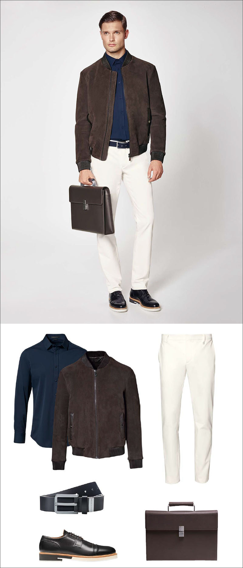 Men's Fashion Ideas - 17 Men's Outfits From Porsche Design's 2017 Spring/Summer Collection | This men's outfit features clean white pants, a simple navy collared shirt, a brown suede jacket, a brown leather briefcase, black leather shoes and a black leather belt.