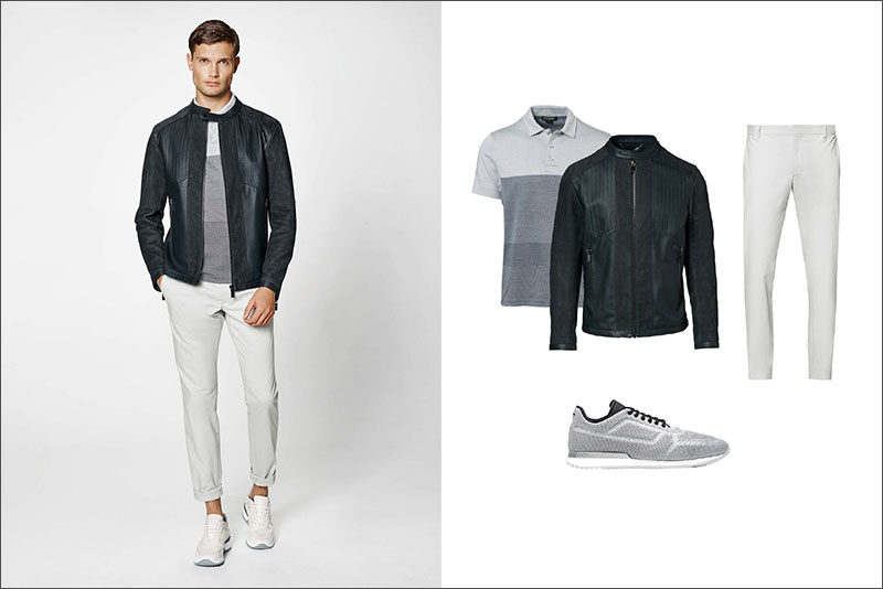 Men's Fashion Ideas - 17 Men's Outfits From Porsche Design's 2017 Spring/Summer Collection | This men's outfit was created by pairing a striped polo shirt with a dark leather jacket featuring TecFlex embossing, and a simple pair of grey mesh sneakers.