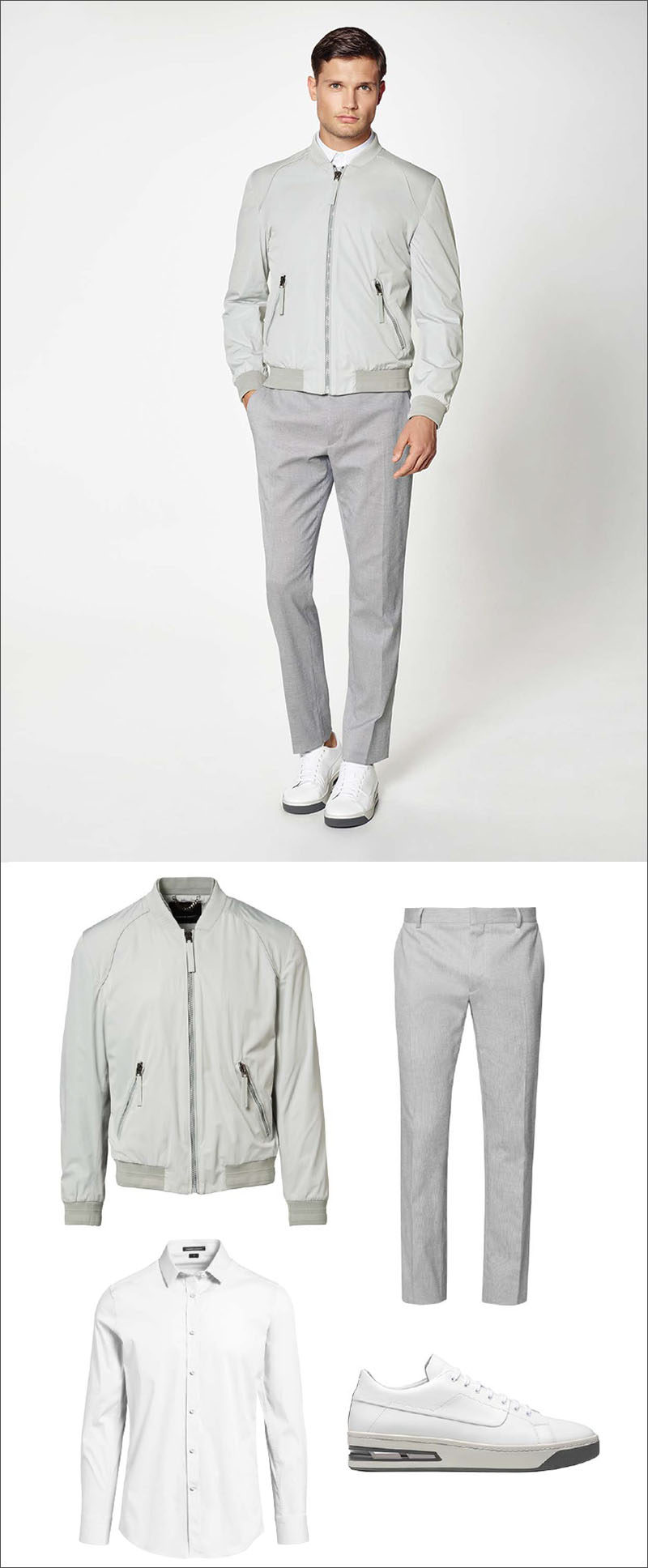 Men's Fashion Ideas - 17 Men's Outfits From Porsche Design's 2017 Spring/Summer Collection | This sophisticated yet casual men's outfit was created using a simple light grey jacket, a pair of light grey trousers, a crisp white collared shirt, and clean white sneakers.