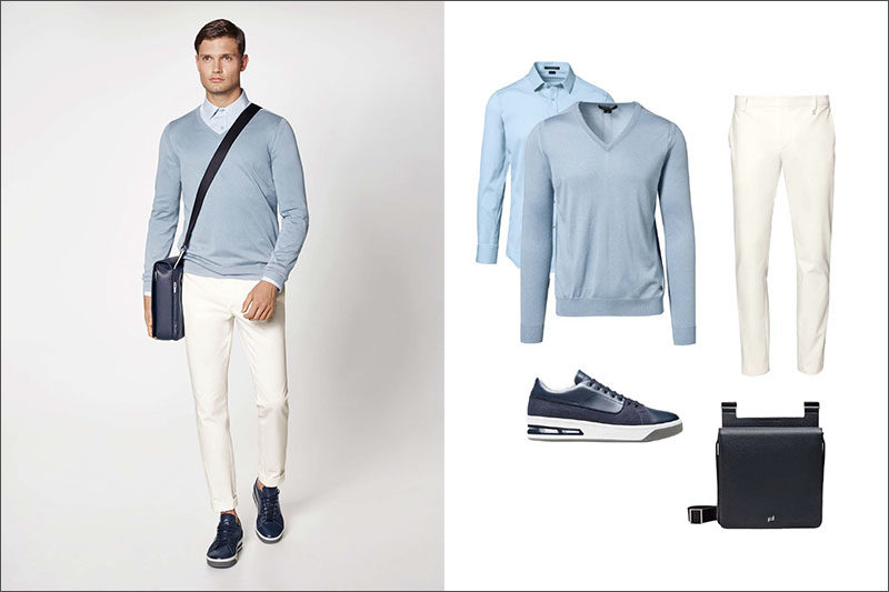 Men's Fashion Ideas - 17 Men's Outfits From Porsche Design's 2017 Spring/Summer Collection | Switch out the blazer for a navy leather shoulder bag and you're left with a simple but classy outfit made up of a blue collared shirt, a blue v-neck, white pants, and navy sneakers.