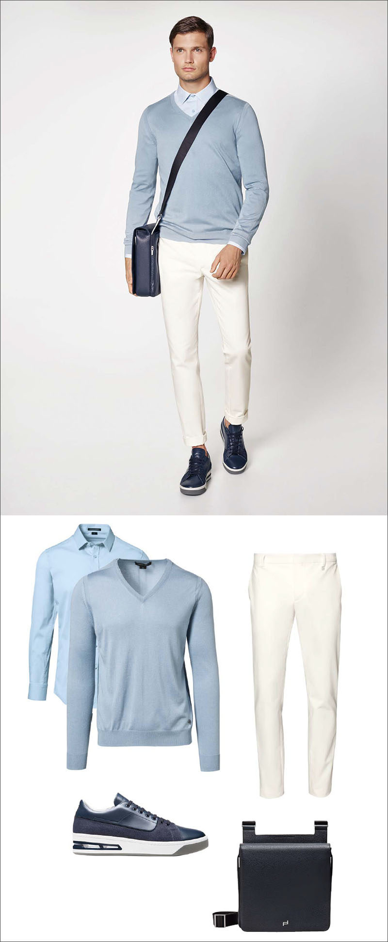 Men's Fashion Ideas - 17 Men's Outfits From Porsche Design's 2017 Spring/Summer Collection | Switch out the blazer for a navy leather shoulder bag and you're left with a simple but classy outfit made up of a blue collared shirt, a blue v-neck, white pants, and navy sneakers.