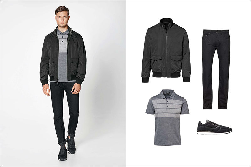 Men's Fashion Ideas - 17 Men's Outfits From Porsche Design's 2017 Spring/Summer Collection | Create a casual everyday men's outfit by pairing a black jacket with a simple grey polo, black jeans, and a pair of black mesh sneakers.