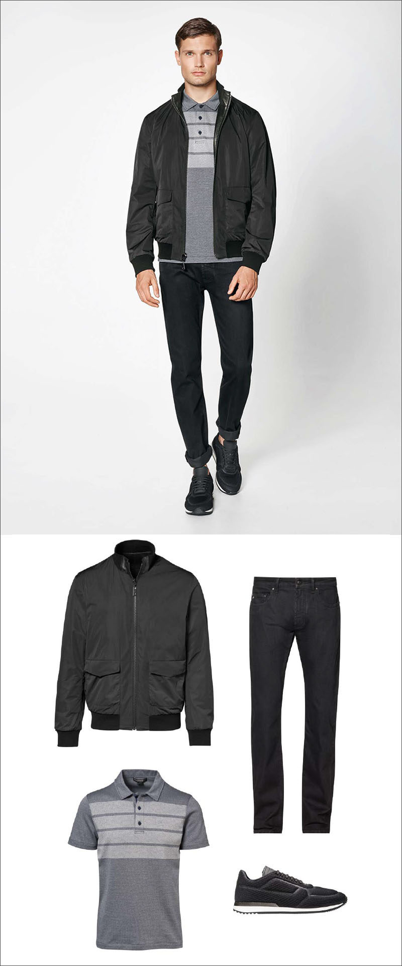 Men's Fashion Ideas - 17 Men's Outfits From Porsche Design's 2017 Spring/Summer Collection | Create a casual everyday men's outfit by pairing a black jacket with a simple grey polo, black jeans, and a pair of black mesh sneakers.