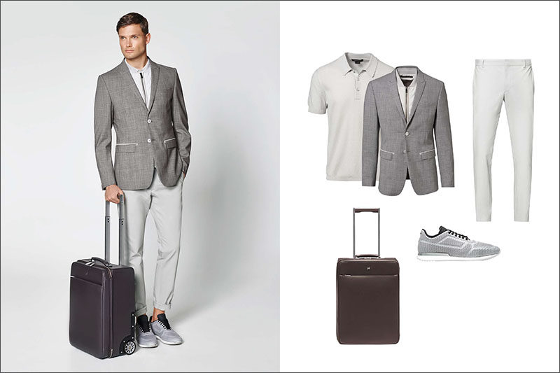 Men's Fashion Ideas - 17 Men's Outfits From Porsche Design's 2017 Spring/Summer Collection | A heather grey men's blazer with a built in removable vest for extra warmth, a pair of casual grey mesh sneakers, a pair of light grey pants, a polo shirt also in light grey, and a dark brown suitcase are the simple pieces that make up this men's outfit.