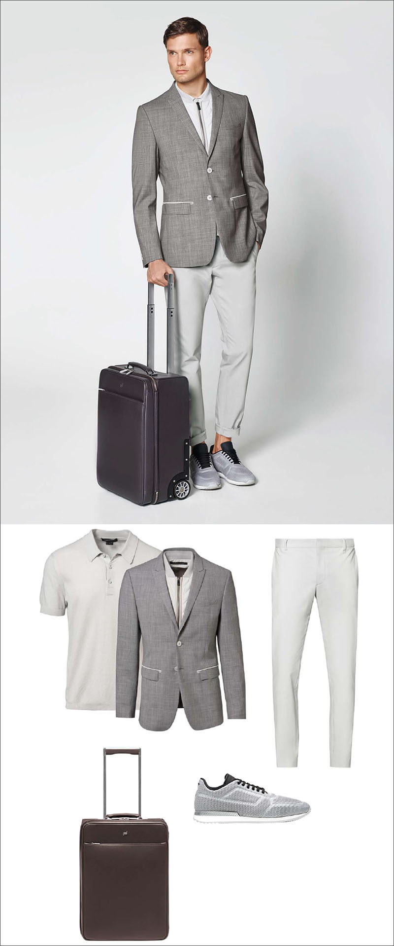 Men's Fashion Ideas - 17 Men's Outfits From Porsche Design's 2017 Spring/Summer Collection | A heather grey men's blazer with a built in removable vest for extra warmth, a pair of casual grey mesh sneakers, a pair of light grey pants, a polo shirt also in light grey, and a dark brown suitcase are the simple pieces that make up this men's outfit.