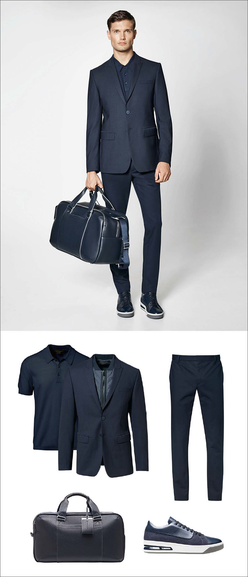 Men's Fashion Ideas - 17 Men's Outfits From Porsche Design's 2017 Spring/Summer Collection | This monochrome men's outfit pairs a slim fitting navy blazer with a navy knit polo shirt, crisp navy cotton pants, casual navy sneakers, and navy leather weekend bag.