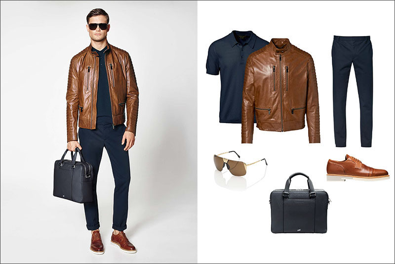 Men's Fashion Ideas - 17 Men's Outfits From Porsche Design's 2017 Spring/Summer Collection | A brown leather jacket and matching brown leather shoes pair with navy cotton pants, a navy polo, a navy briefcase, and gold sunglasses to complete this stylish men's outfit.