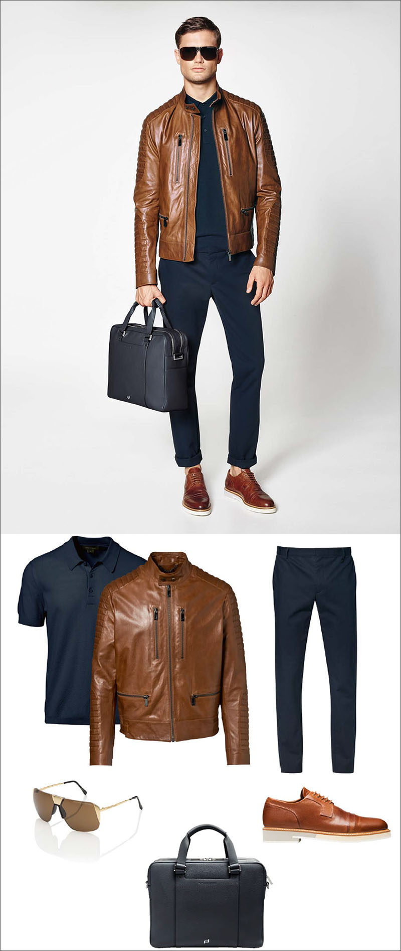 Men's Fashion Ideas - 17 Men's Outfits From Porsche Design's 2017 Spring/Summer Collection | A brown leather jacket and matching brown leather shoes pair with navy cotton pants, a navy polo, a navy briefcase, and gold sunglasses to complete this stylish men's outfit.