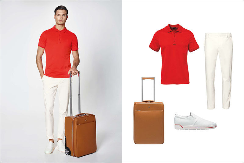 Men's Fashion Ideas - 17 Men's Outfits From Porsche Design's 2017 Spring/Summer Collection | This casual men's outfit combines a red polo with white cotton pants, a pair of red and white slip on sneakers, and a light brown suitcase.