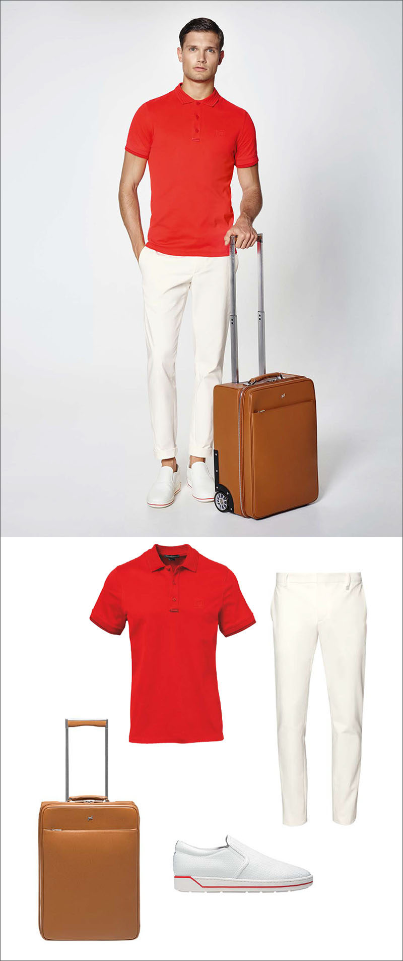 Men's Fashion Ideas - 17 Men's Outfits From Porsche Design's 2017 Spring/Summer Collection | This casual men's outfit combines a red polo with white cotton pants, a pair of red and white slip on sneakers, and a light brown suitcase.