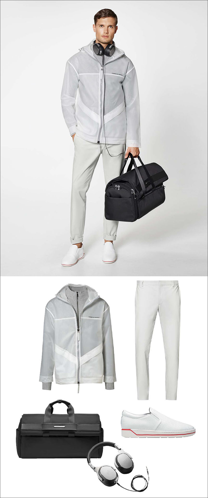 Men's Fashion Ideas - 17 Men's Outfits From Porsche Design's 2017 Spring/Summer Collection | A white and light grey jacket, a pair of cotton blend pants, a pair of white sneakers with a red stripe, a 2-in-1 weekender and garment bag, and a pair of metallic headphones create a clean looking men's outfit.