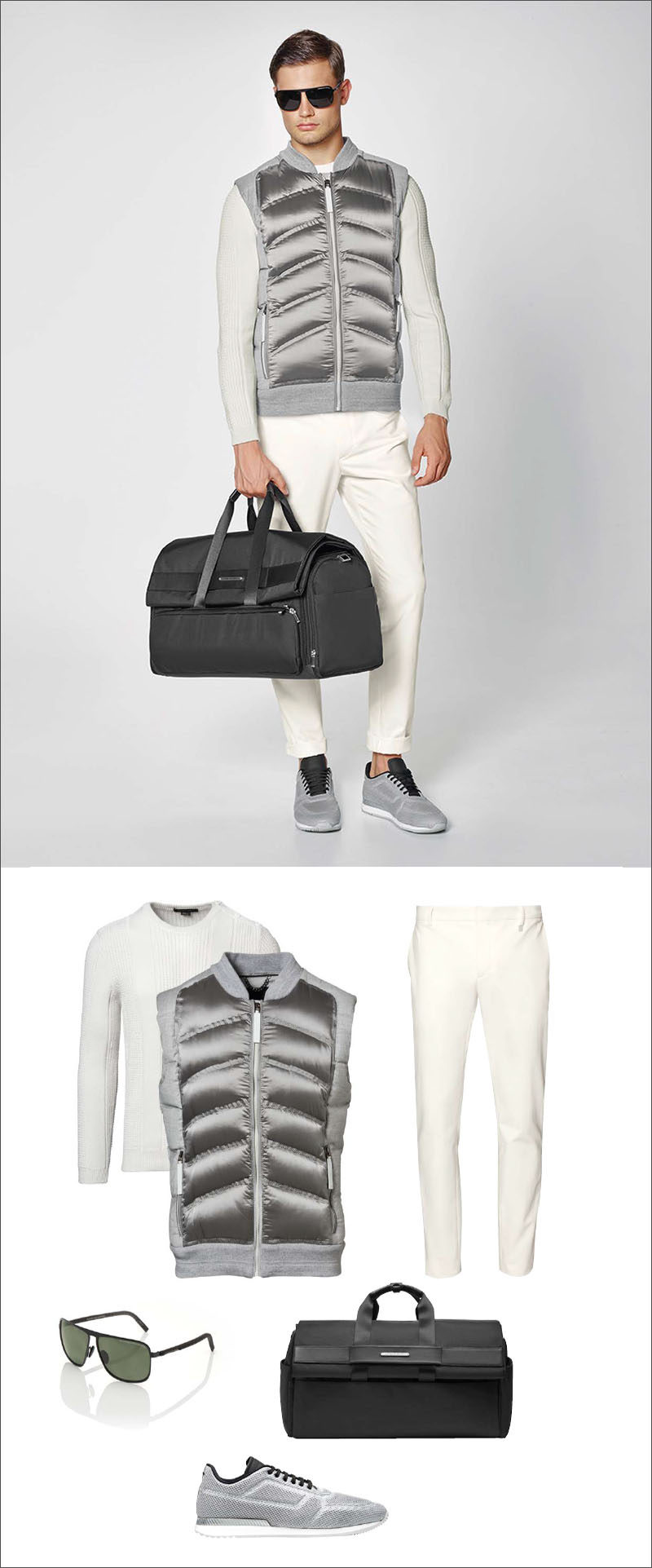 Men's Fashion Ideas - 17 Men's Outfits From Porsche Design's 2017 Spring/Summer Collection | White cotton pants, a white crew neck sweater, and a metallic quilted vest are accessorized with a black weekender bag, dark sunglasses, and light grey mesh sneakers.