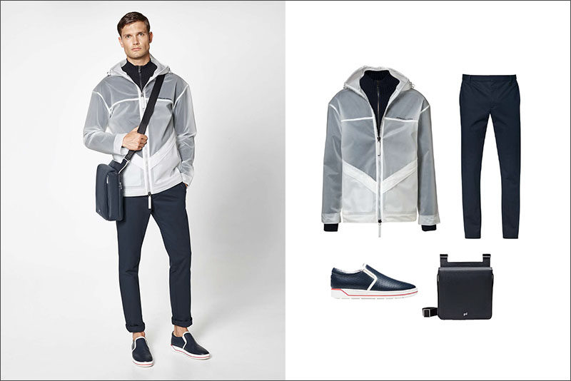Men's Fashion Ideas - 17 Men's Outfits From Porsche Design's 2017 Spring/Summer Collection | This casual men's outfit, created by pairing a rain jacket with a built in sweater with a pair of navy blue cotton pants, a pair of navy blue slip on shoes, and a navy leather shoulder bag, is perfect for rainy spring days.
