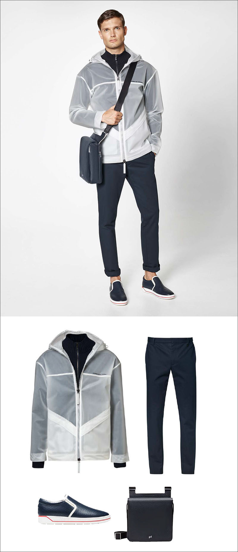 Men's Fashion Ideas - 17 Men's Outfits From Porsche Design's 2017 Spring/Summer Collection | This casual men's outfit, created by pairing a rain jacket with a built in sweater with a pair of navy blue cotton pants, a pair of navy blue slip on shoes, and a navy leather shoulder bag, is perfect for rainy spring days.