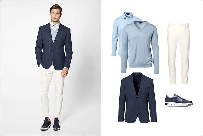 Men's Fashion Ideas - 17 Men's Outfits From Porsche Design's 2017 Spring/Summer Collection | A collared blue shirt layered under a light blue v-neck sweater and worn with a navy blazer, white cotton pants, and a pair of navy blue sneakers create a sophisticated looking men's outfit.