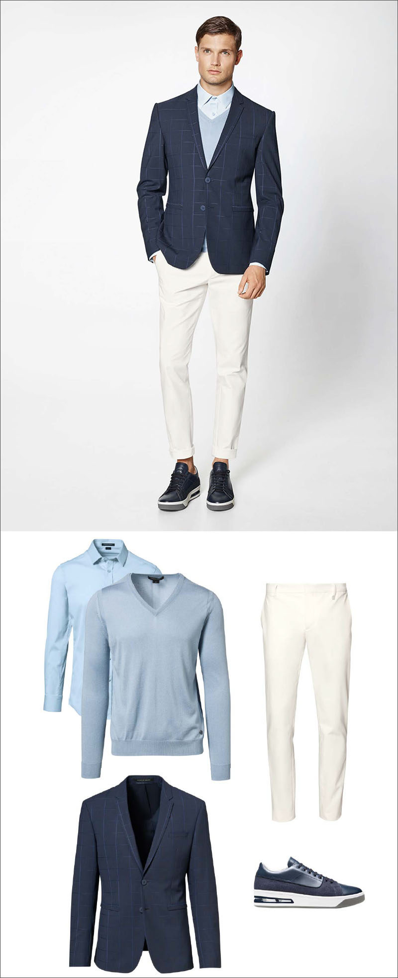 Men's Fashion Ideas - 17 Men's Outfits From Porsche Design's 2017 Spring/Summer Collection | A collared blue shirt layered under a light blue v-neck sweater and worn with a navy blazer, white cotton pants, and a pair of navy blue sneakers create a sophisticated looking men's outfit.