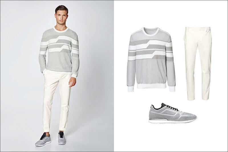 Men's Fashion Ideas - 17 Men's Outfits From Porsche Design's 2017 Spring/Summer Collection | A grey and white sweater with fitted cuffs, white cotton pants, and grey sneakers complete this simple everyday men's outfit.