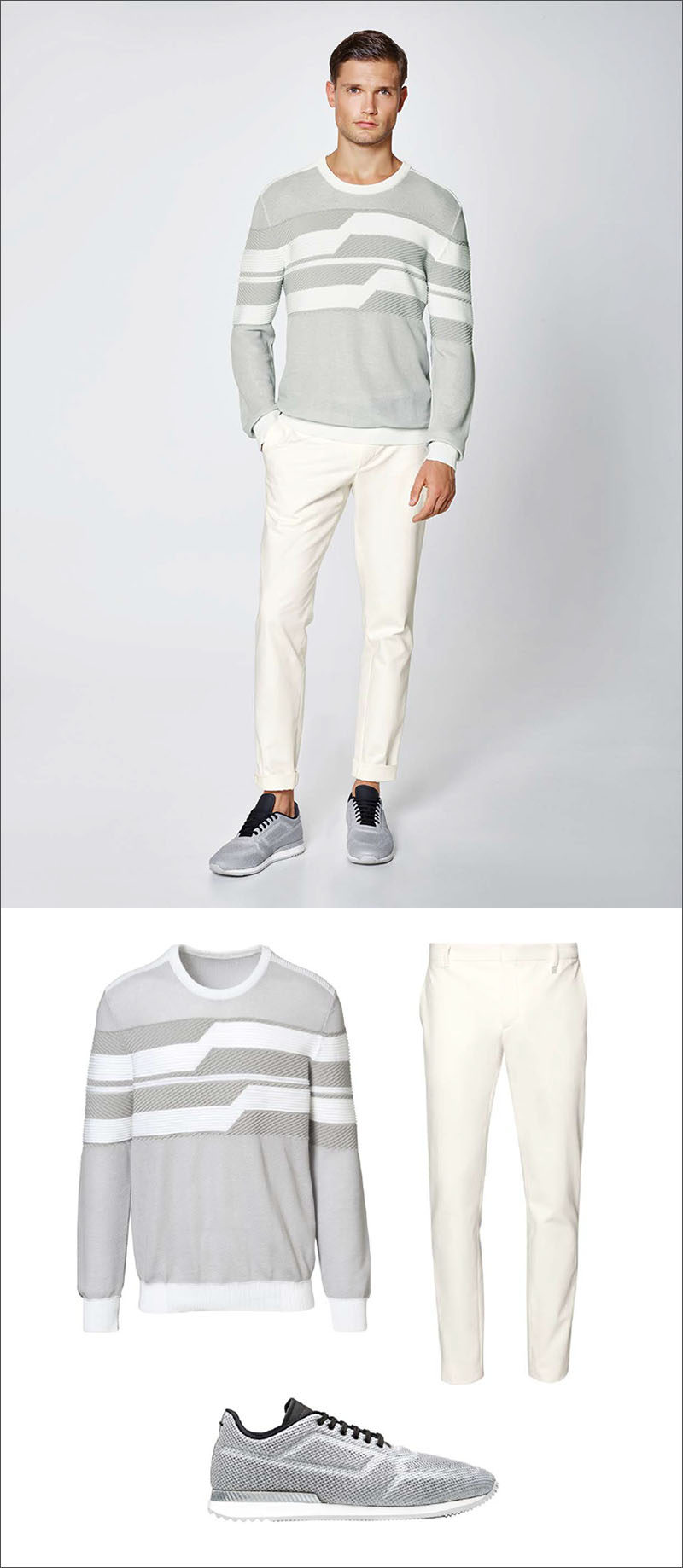 Men's Fashion Ideas - 17 Men's Outfits From Porsche Design's 2017 Spring/Summer Collection | A grey and white sweater with fitted cuffs, white cotton pants, and grey sneakers complete this simple everyday men's outfit.