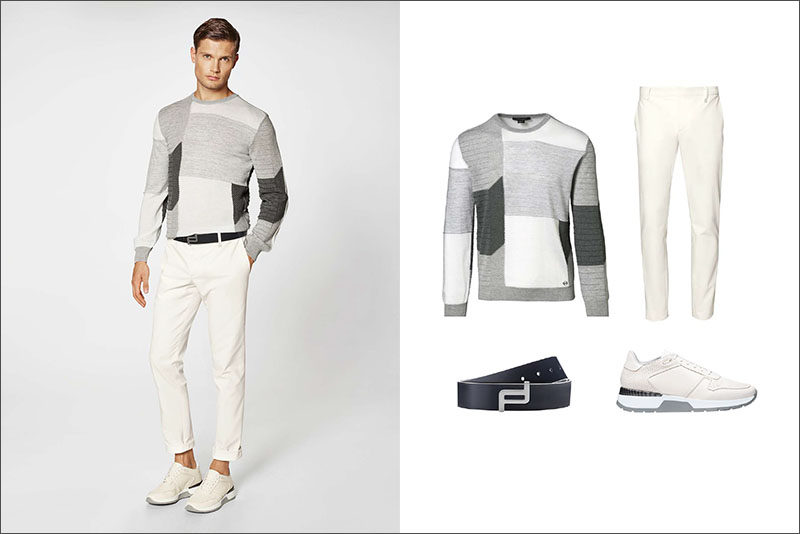 Men's Fashion Ideas - 17 Men's Outfits From Porsche Design's 2017 Spring/Summer Collection | A neutral color blocked sweater, white cotton blend pants, a simple navy leather belt and off white sneakers create the perfect casual spring outfit for men.