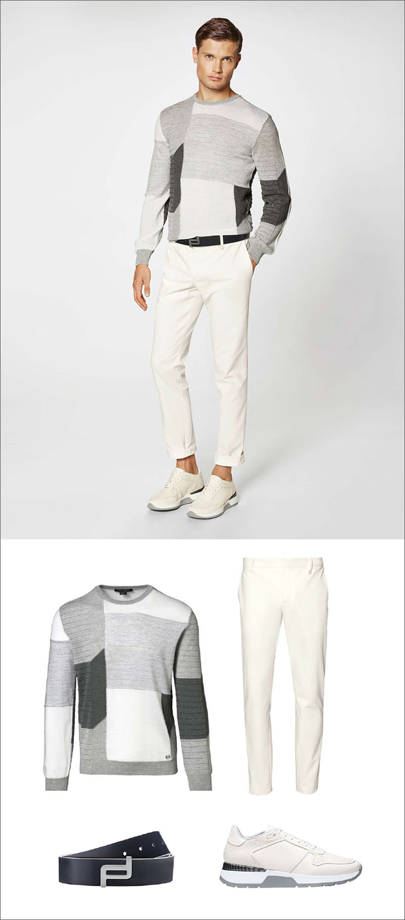 Men's Fashion Ideas - 17 Men's Outfits From Porsche Design's 2017 Spring/Summer Collection | A neutral color blocked sweater, white cotton blend pants, a simple navy leather belt and off white sneakers create the perfect casual spring outfit for men.