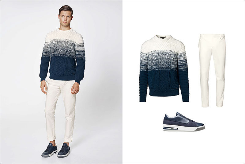 Men's Fashion Ideas - 17 Men's Outfits From Porsche Design's 2017 Spring/Summer Collection | This simple men's outfit is made up of an ombré cable knit sweater, white cotton pants, and navy blue sneakers that match the blues in the sweater to create the ultimate ensemble for early spring.