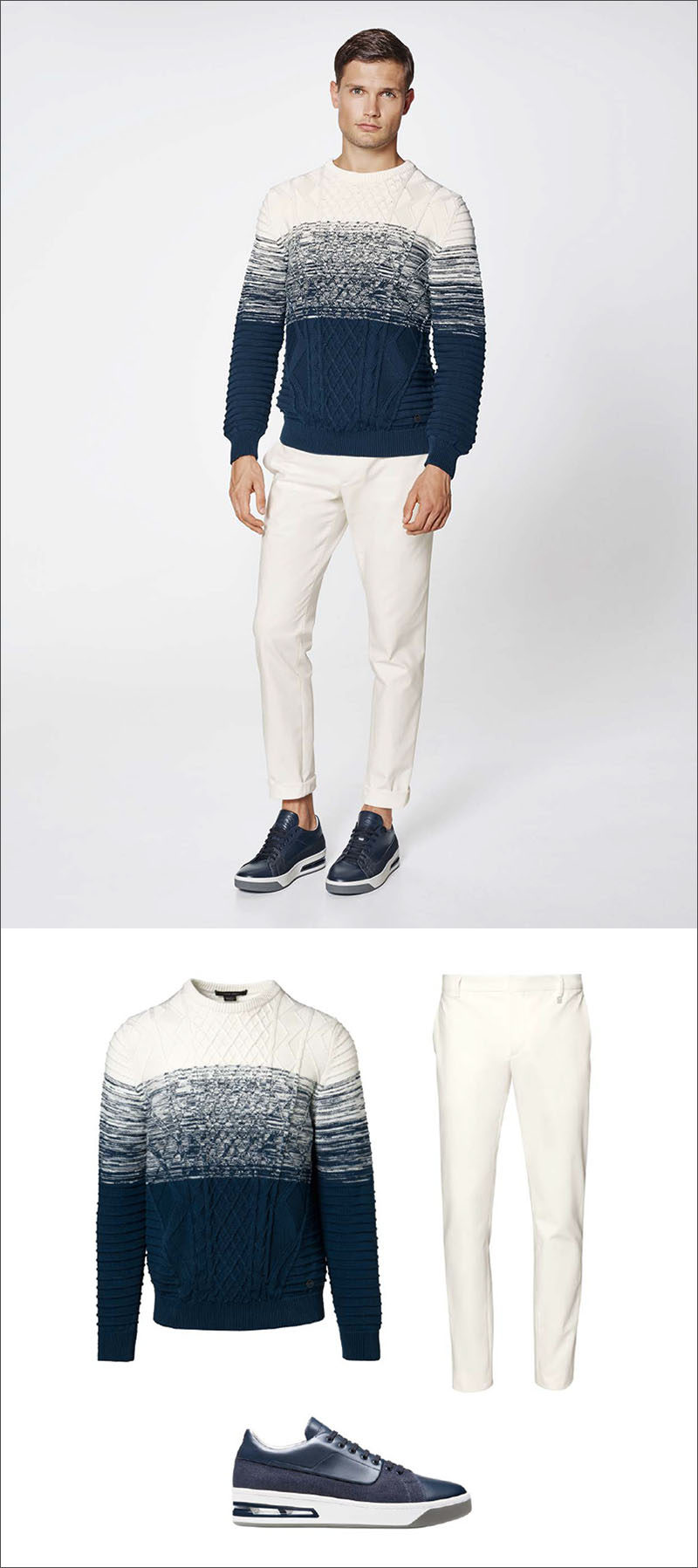 Men's Fashion Ideas - 17 Men's Outfits From Porsche Design's 2017 Spring/Summer Collection | This simple men's outfit is made up of an ombré cable knit sweater, white cotton pants, and navy blue sneakers that match the blues in the sweater to create the ultimate ensemble for early spring.